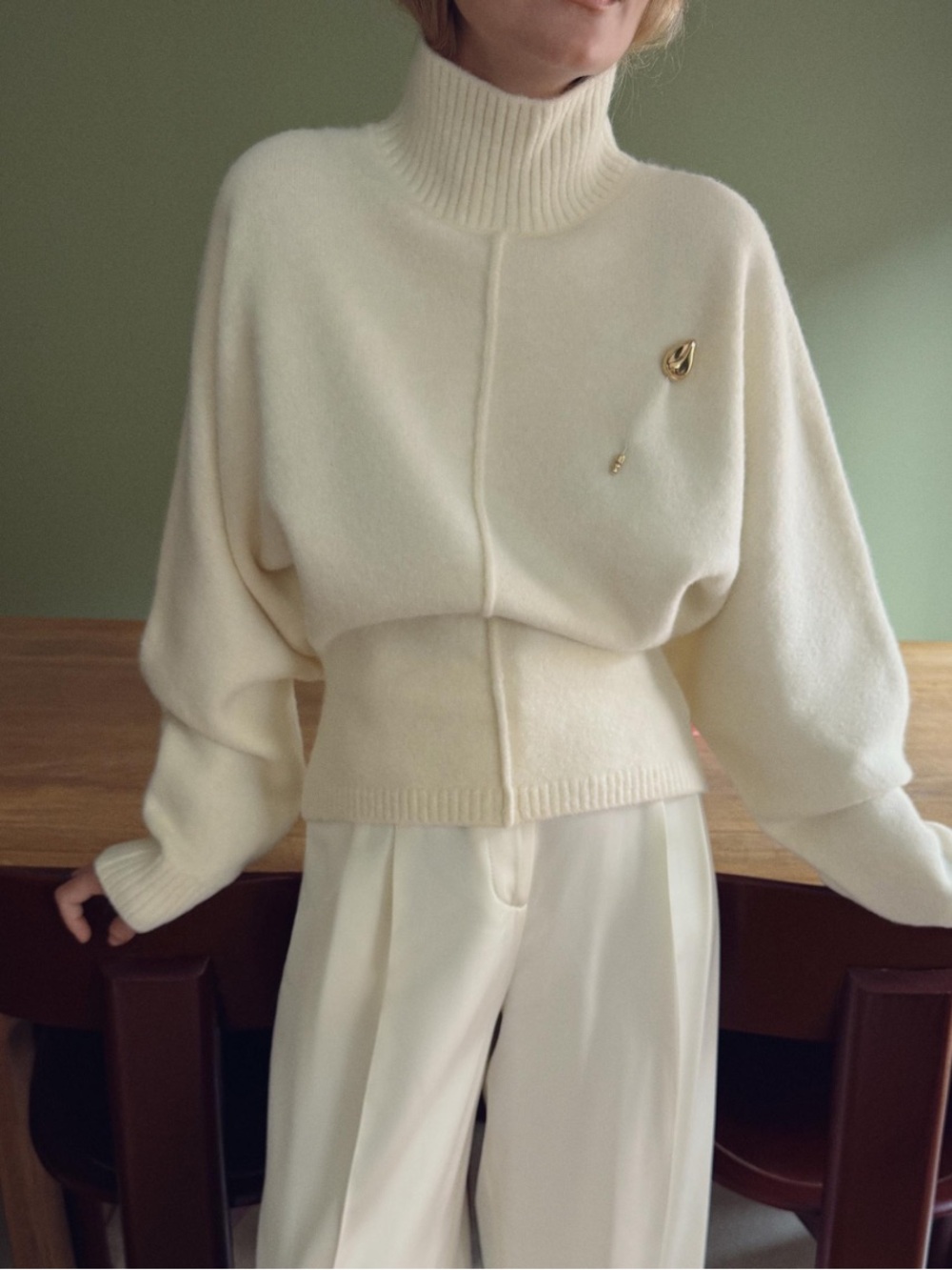 Zara NWT Cream High Neck Knit Sweater Gold Button Size Large